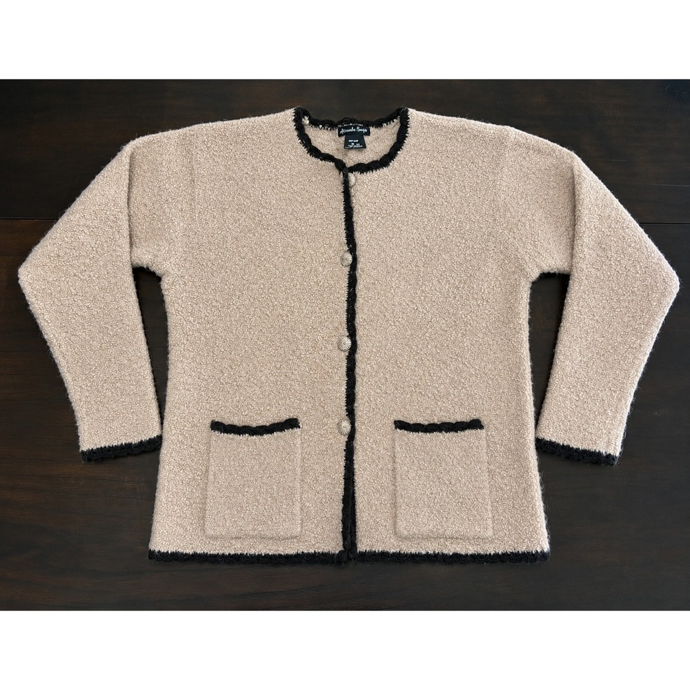 Alexandra Bartlett Wool Cardigan Sweater Tan Black Trim Vintage Coquette Size S